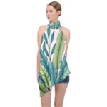 Illustrations Plants Nature Leaves Halter Asymmetric Satin Top