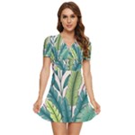 Illustrations Plants Nature Leaves V-Neck High Waist Chiffon Mini Dress