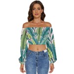 Illustrations Plants Nature Leaves Long Sleeve Crinkled Weave Crop Top