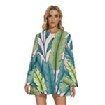 Illustrations Plants Nature Leaves Round Neck Long Sleeve Bohemian Style Chiffon Mini Dress