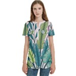 Illustrations Plants Nature Leaves Women s Zip Front V-Neck Short Sleeve Casual Top Pocket Shirt