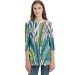 Illustrations Plants Nature Leaves Women s Zip Front V-Neck 3/4 Sleeve Casual Top Pocket Shirt