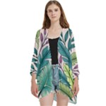 Illustrations Plants Nature Leaves Open Front 3/4 Sleeve Batwing Chiffon Cardigan Kimono