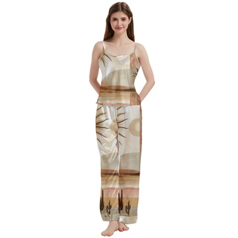 Abstract Sun Boho Bohemian Design Spaghetti Top Long Pants Satin Pajamas Set from ArtsNow.com