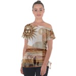 Abstract Sun Boho Bohemian Design Off Shoulder Tie-Up T-Shirt