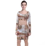 Abstract Sun Boho Bohemian Design Long Sleeve Crop Top & Bodycon Skirt Set