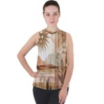 Abstract Sun Boho Bohemian Design Mock Neck Chiffon Sleeveless Top