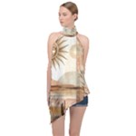 Abstract Sun Boho Bohemian Design Halter Asymmetric Satin Top