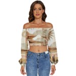 Abstract Sun Boho Bohemian Design Long Sleeve Crinkled Weave Crop Top