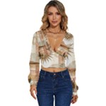 Abstract Sun Boho Bohemian Design Long Sleeve Deep-V Velour Top