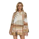 Abstract Sun Boho Bohemian Design Round Neck Long Sleeve Bohemian Style Chiffon Mini Dress