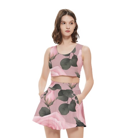 Pink Roses Women s Crop Top Pleated Skater Rave Skirt from ArtsNow.com