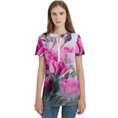 Women s Zip Front V-Neck Short Sleeve Casual Top Pocket Shirt 