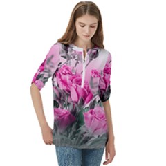 Women s Zip Front V-Neck 3/4 Sleeve Casual Top Pocket Shirt 