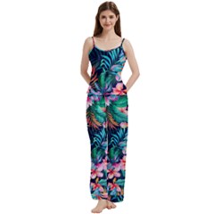 Hawaiian Flowers Hawaii Spaghetti Top Long Pants Satin Pajamas Set from ArtsNow.com