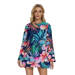 Round Neck Long Sleeve Bohemian Style Chiffon Mini Dress 