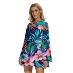 Round Neck Long Sleeve Bohemian Style Chiffon Mini Dress 