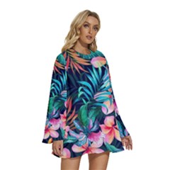 Round Neck Long Sleeve Bohemian Style Chiffon Mini Dress 