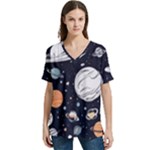 Space Galaxy Universe Stars Sky V-Neck Split Shoulder Casual T-Shirt