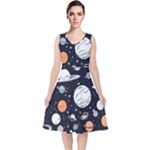 Space Galaxy Universe Stars Sky V-Neck Midi Sleeveless Dress 