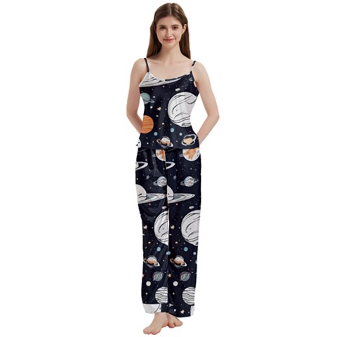 Space Galaxy Universe Stars Sky Spaghetti Top Long Pants Satin Pajamas Set from ArtsNow.com