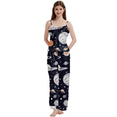 Space Galaxy Universe Stars Sky Spaghetti Top Long Pants Satin Pajamas Set from ArtsNow.com