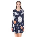 Space Galaxy Universe Stars Sky Long Sleeve V-neck Flare Dress