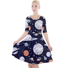 Quarter Sleeve A-Line Dress With Pockets 