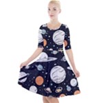 Space Galaxy Universe Stars Sky Quarter Sleeve A-Line Dress With Pockets