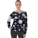 Space Galaxy Universe Stars Sky Off Shoulder Long Sleeve Velour Top