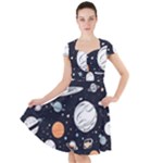 Space Galaxy Universe Stars Sky Cap Sleeve Midi Dress