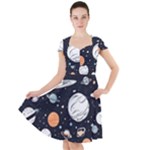 Space Galaxy Universe Stars Sky Cap Sleeve Midi Dress With Pockets