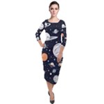 Space Galaxy Universe Stars Sky Quarter Sleeve Midi Velour Bodycon Dress