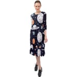 Space Galaxy Universe Stars Sky Ruffle End Midi Chiffon Dress