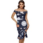 Space Galaxy Universe Stars Sky Off Shoulder Ruffle Split Hem Bodycon Dress