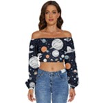 Space Galaxy Universe Stars Sky Long Sleeve Crinkled Weave Crop Top