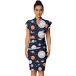 Space Galaxy Universe Stars Sky Vintage Frill Sleeve V-Neck Bodycon Dress