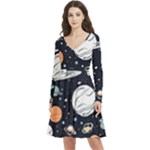 Space Galaxy Universe Stars Sky Long Sleeve V-neck skater dress with Pockets