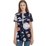 Space Galaxy Universe Stars Sky Women s Zip Front V-Neck Short Sleeve Casual Top Pocket Shirt