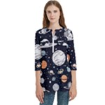 Space Galaxy Universe Stars Sky Women s Zip Front V-Neck 3/4 Sleeve Casual Top Pocket Shirt