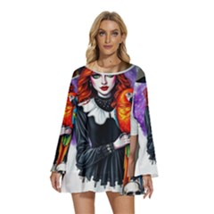 Round Neck Long Sleeve Bohemian Style Chiffon Mini Dress 