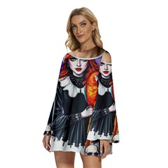 Round Neck Long Sleeve Bohemian Style Chiffon Mini Dress 