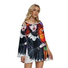 Round Neck Long Sleeve Bohemian Style Chiffon Mini Dress 