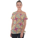 Abstract Pattern Design Scrapbooking Off Shoulder Tie-Up T-Shirt