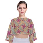 Abstract Pattern Design Scrapbooking Tie Back Butterfly Sleeve Chiffon Top