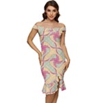 Abstract Pattern Design Scrapbooking Off Shoulder Ruffle Split Hem Bodycon Dress