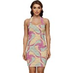 Abstract Pattern Design Scrapbooking Sleeveless Wide Square Neckline Ruched Bodycon Dress