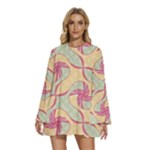 Abstract Pattern Design Scrapbooking Round Neck Long Sleeve Bohemian Style Chiffon Mini Dress