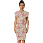 Abstract Pattern Design Scrapbooking Vintage Frill Sleeve V-Neck Bodycon Dress