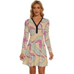 Abstract Pattern Design Scrapbooking Long Sleeve Deep V Mini Dress 